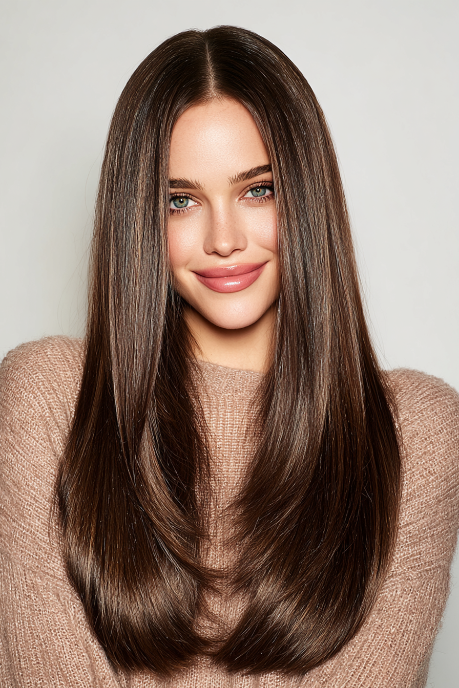 19. Langer gerader Schnitt mit Espresso -Glanz (Haarschnitte für Frauen) - Haarschnitte für Frauen