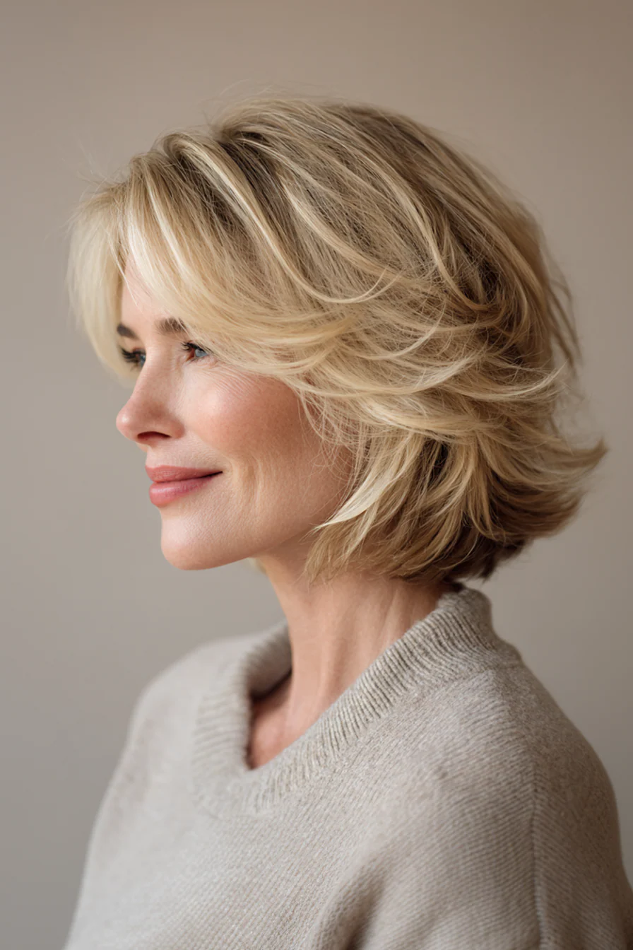 19. Mittlerer Schnitt mit Vorhangschichten in Vanilleblond (kurze mittellange Frisuren für Frauen über 50) – Kurze mittellange Frisuren für Frauen über 50