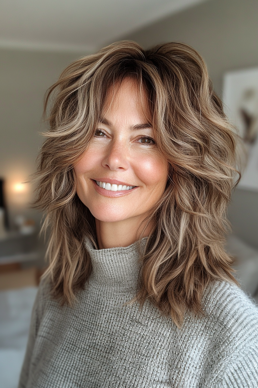 19. Medium Shag in erdigem Braun (zottelige Geschichtsfrisuren für Frauen über 50) - Shaggy Layered Frisuren für Frauen über 50