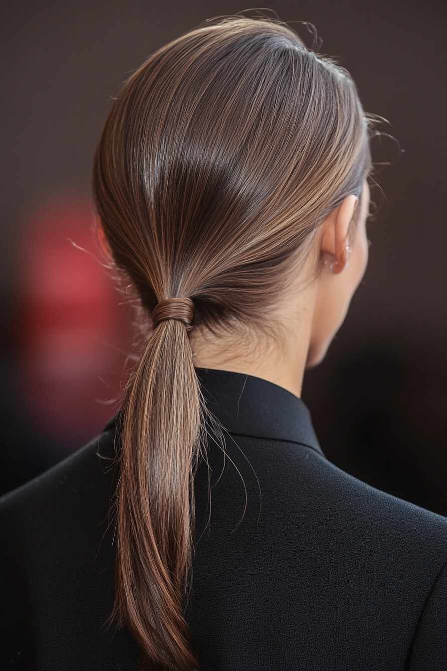 19. Minimalistische schlanke niedrige Pferdeschwanz in klassisches Brown (Pferdeschwanzfrisuren Frauen über 40) - Pferdeschwanzfrisuren Frauen über 40