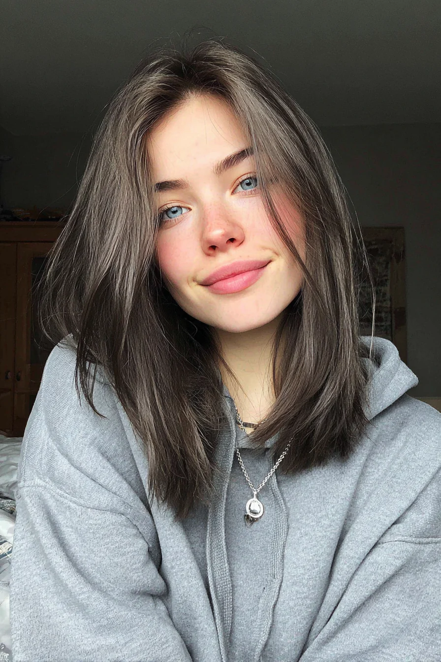 19. Minimalistischer gerader Lob in coolem Pilzbraun (lange Bob-Frisuren) – Lange Bob-Frisuren