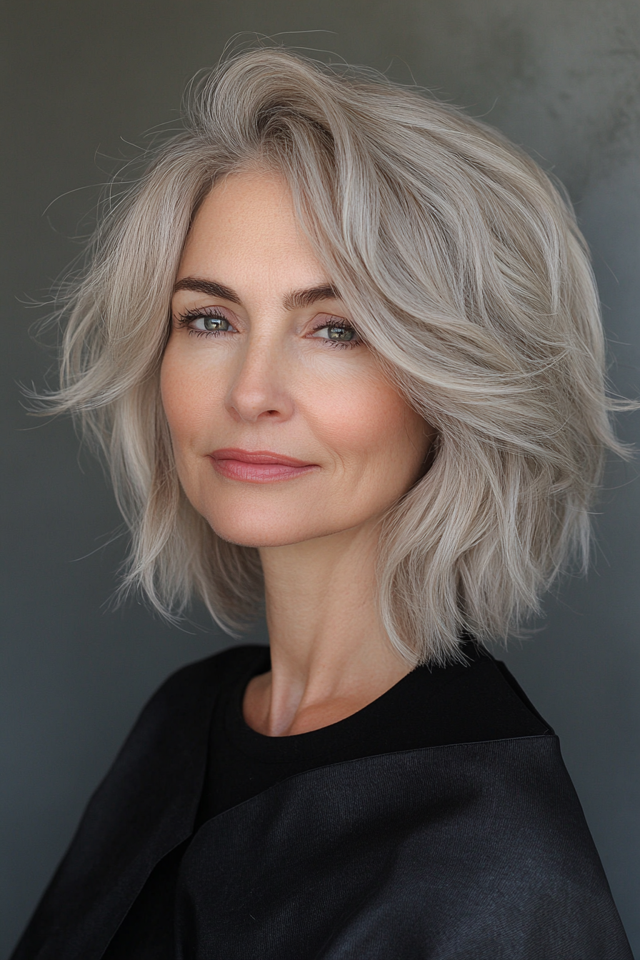 19. Minkgrau geschichtetes Bob (kurze Haarschnitte für Frauen über 60 mit feinem dünnem Haar) - kurze Haarschnitte für Frauen über 60 mit feinem dünnem Haar