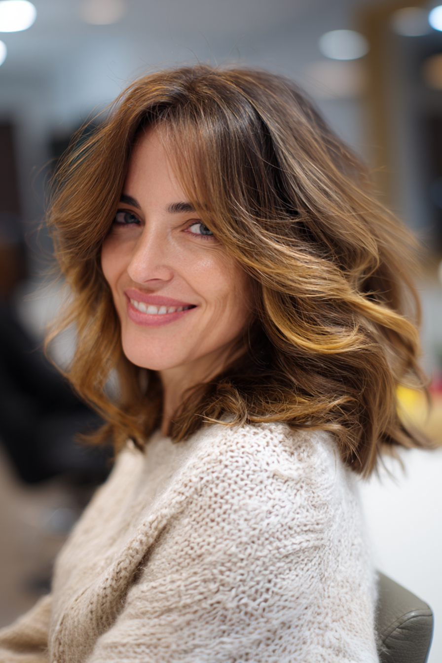 19. Mokka Balayage Schultergeschnitten (Herbsthaarschnitte für Frauen über 50) - Herbsthaarschnitte für Frauen über 50