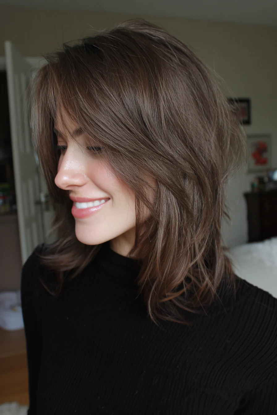 19. Mokkabrauner schulterlanger Shag (mittellange geschichtete Haarschnitte) – Mittellange geschichtete Haarschnitte
