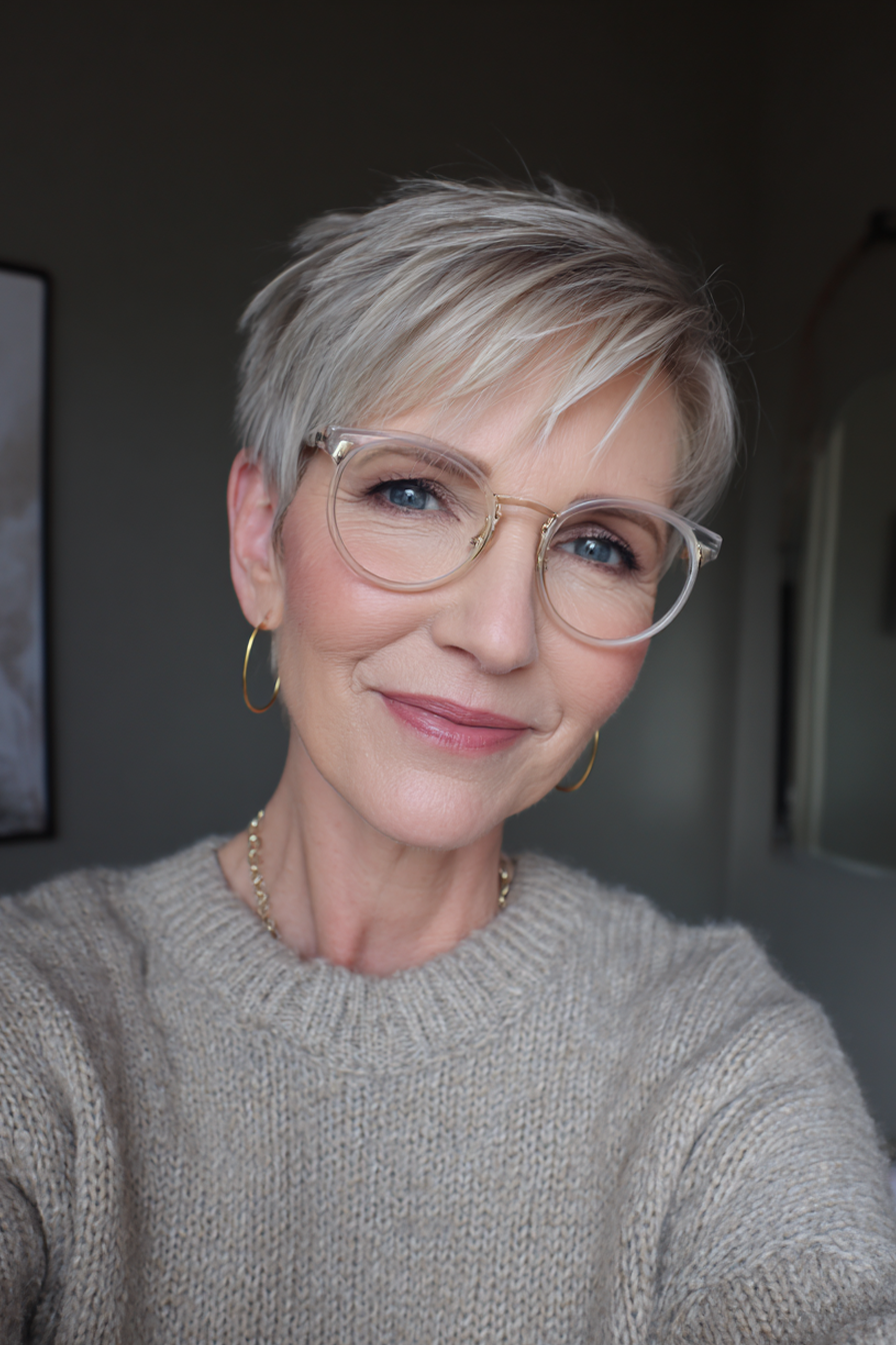 19. Perlblondike Pixie (kurze Frisuren für Frauen über 50 mit Brillen) - kurze Frisuren für Frauen über 50 mit Brille