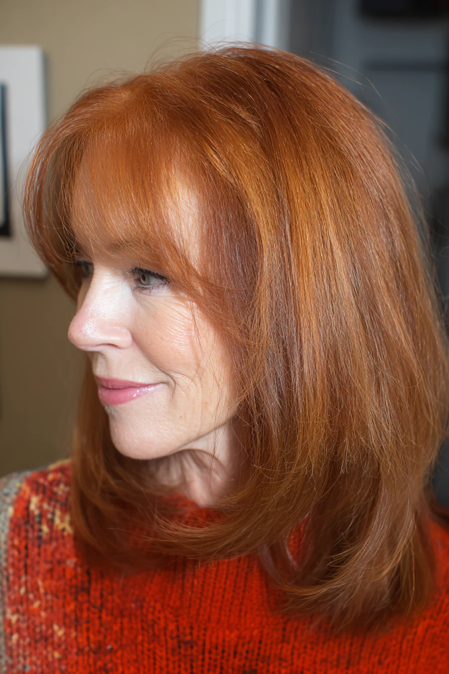 19. Rich Auburn Midi mit Curtain Bangs (Haarschnitte für Frauen über 50 mit glattem Haar) – Haarschnitte für Frauen über 50 mit glattem Haar