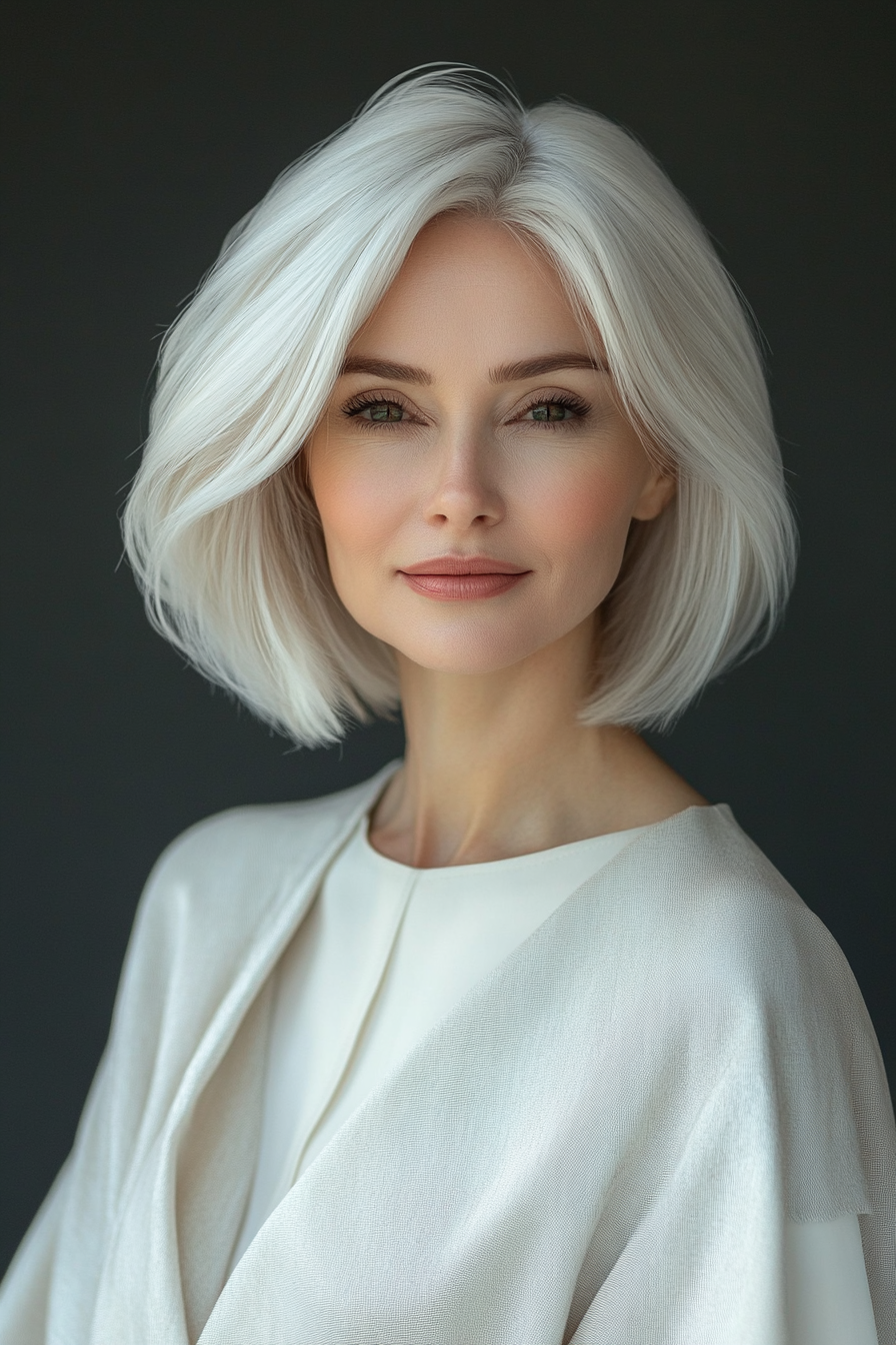 19. geformte Bob in der schneebedeckten weißen Eleganz (mittlere Teilfrisuren für Frauen über 50) - Frisuren der mittleren Teil für Frauen über 50