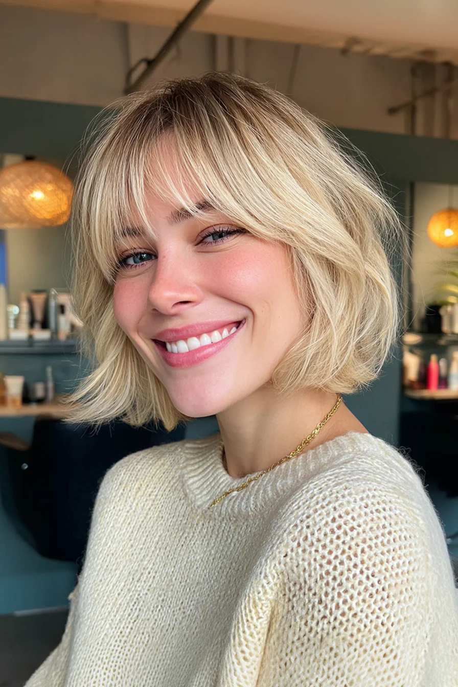 19. Kurzer blonder Bob mit Vorhang-Pony (kurze blonde Frisuren) – Kurze blonde Frisuren