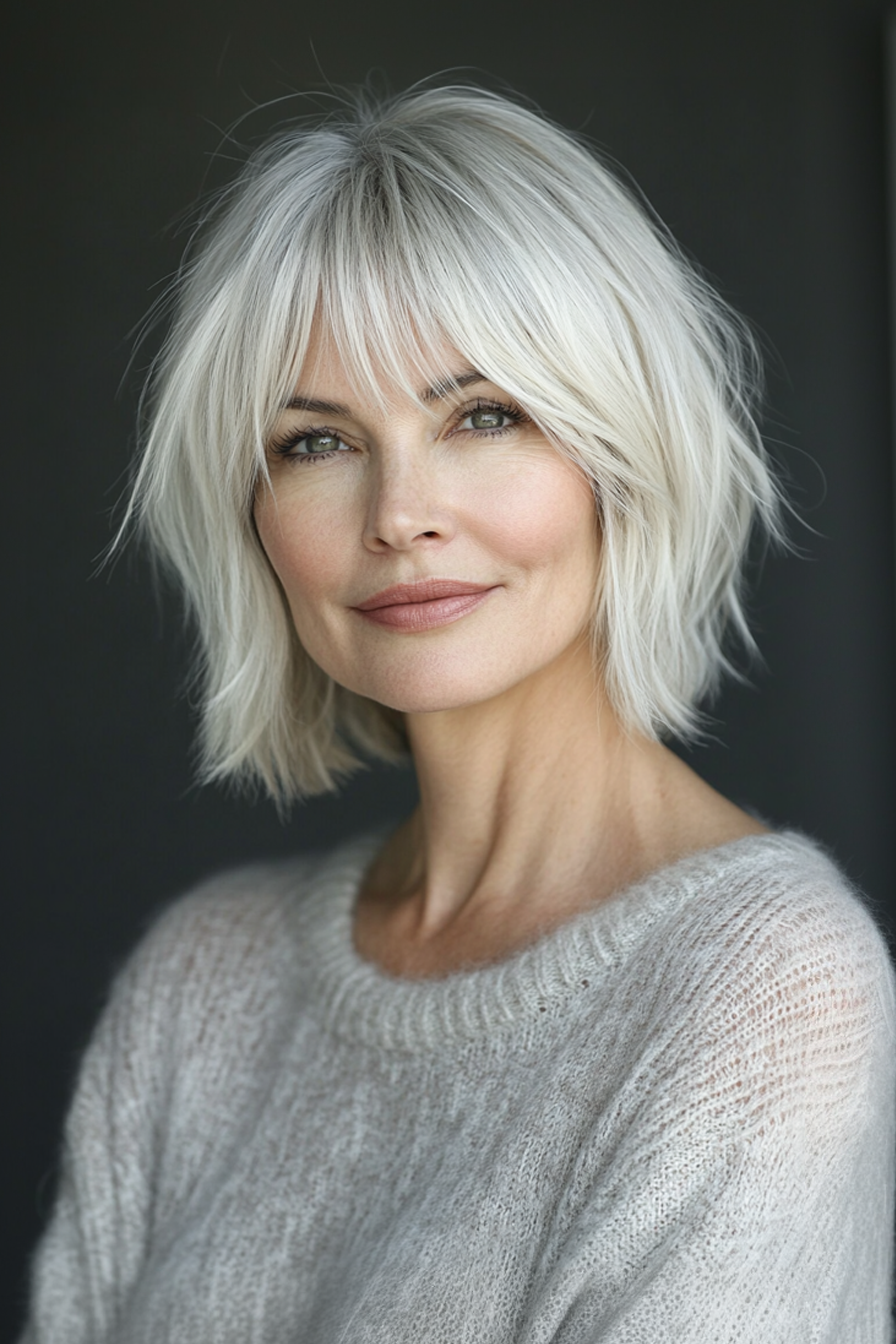 19. kurze Ernte mit gemischten Pony in leichter Ascheblondine (Haarschnitte für Frauen über 60 mit Pony) - Haarschnitte für Frauen über 60 mit Pony