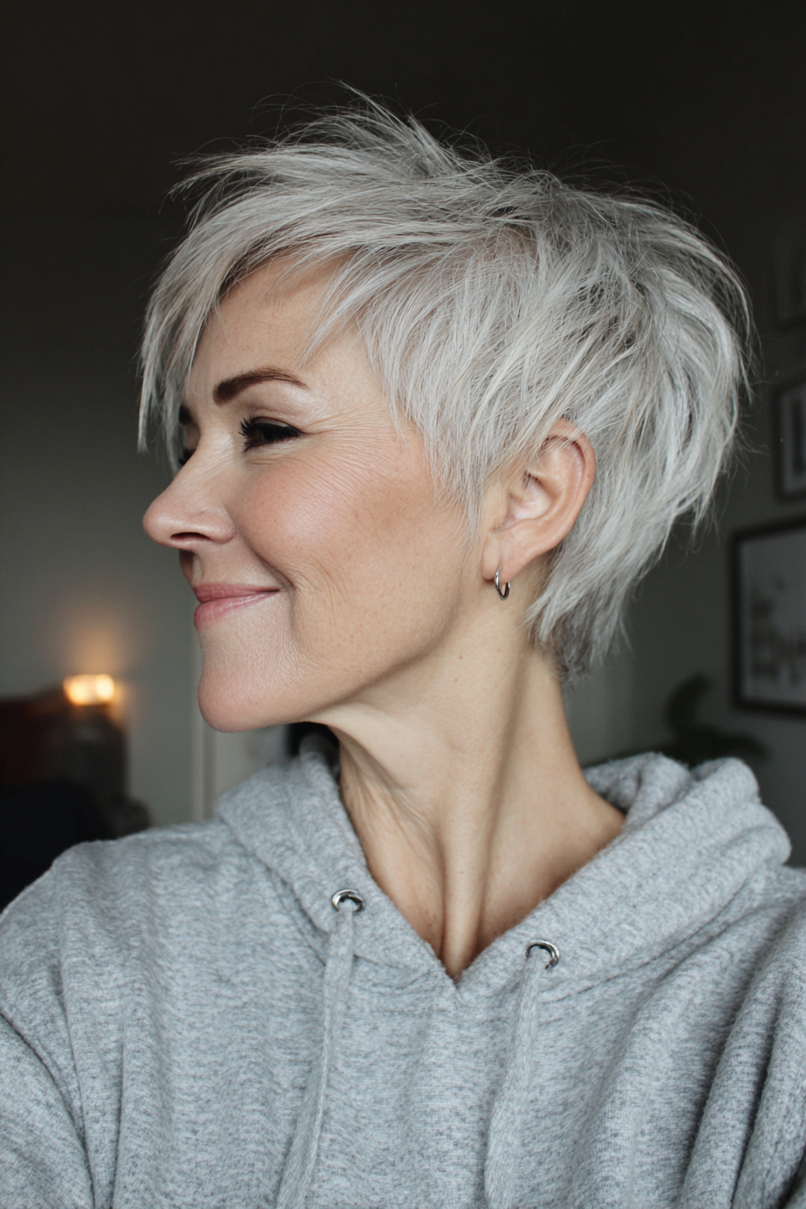 19. Kurzer Stufen-Pixie mit eisblonden Wurzeln (Stufen-Pixie-Haarschnitte für Frauen über 60) – Stufen-Pixie-Haarschnitte für Frauen über 60