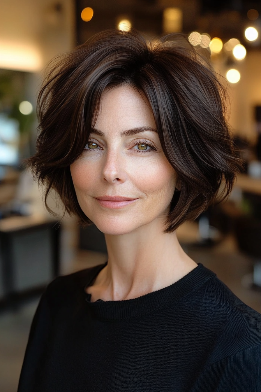 19. Kurzer gestapelter Bob in reichen Dunkelbraun (Haarschnittideen für Frauen über 50) - Haarschnittideen für Frauen über 50