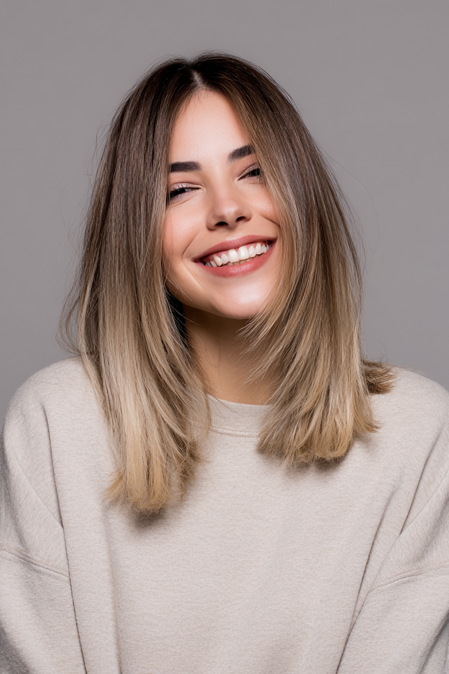 19. Schulterlange Stufen mit Champagner-Balayage (Haarschnitte für glattes Haar) – Haarschnitte für glattes Haar