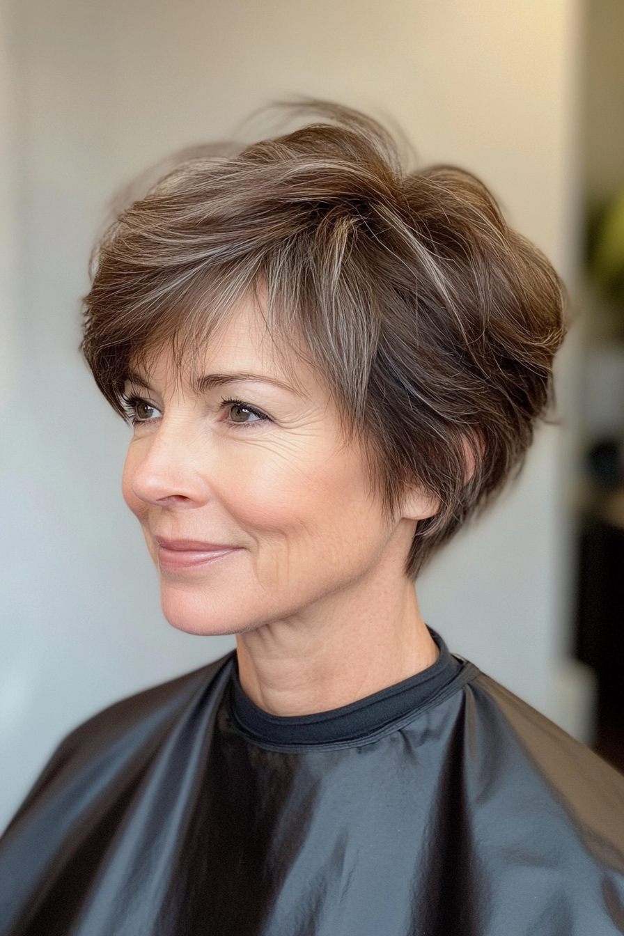 19. Seitenpixie mit erdig brauner Mischung (Trendfrisuren für Frauen über 50) - Trendfrisuren für Frauen über 50