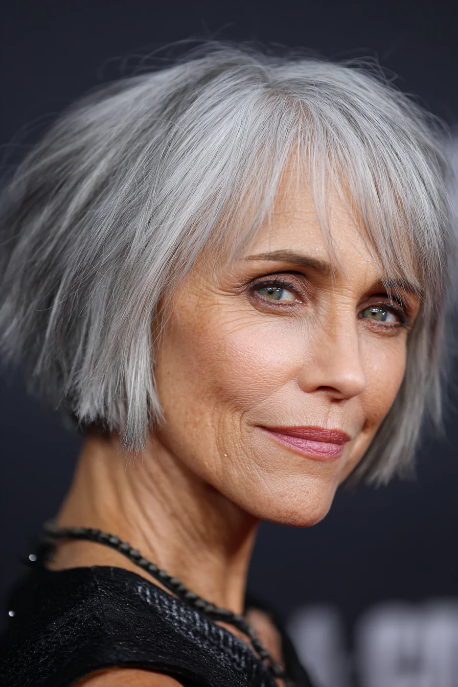 19. Rauchgrauer kurzer Bob mit rasierten Enden (kurze Frisuren für Frauen über 50 mit dickem Haar) – Kurze Frisuren für Frauen über 50 mit dickem Haar