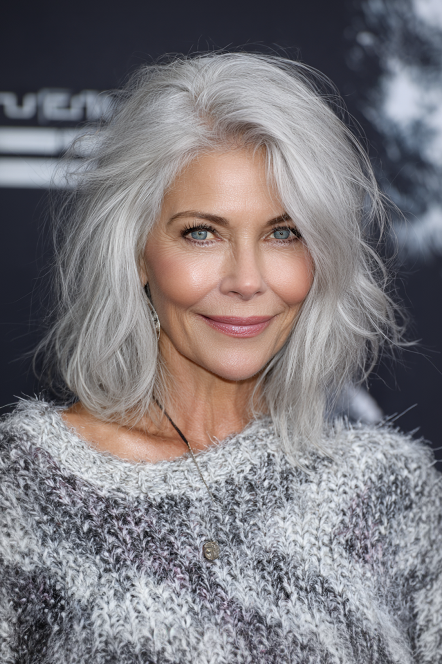 19. Rauchiger Silber gefiedert geschnitten (graue Frisuren für Frauen über 40) - Graue Frisuren für Frauen über 40