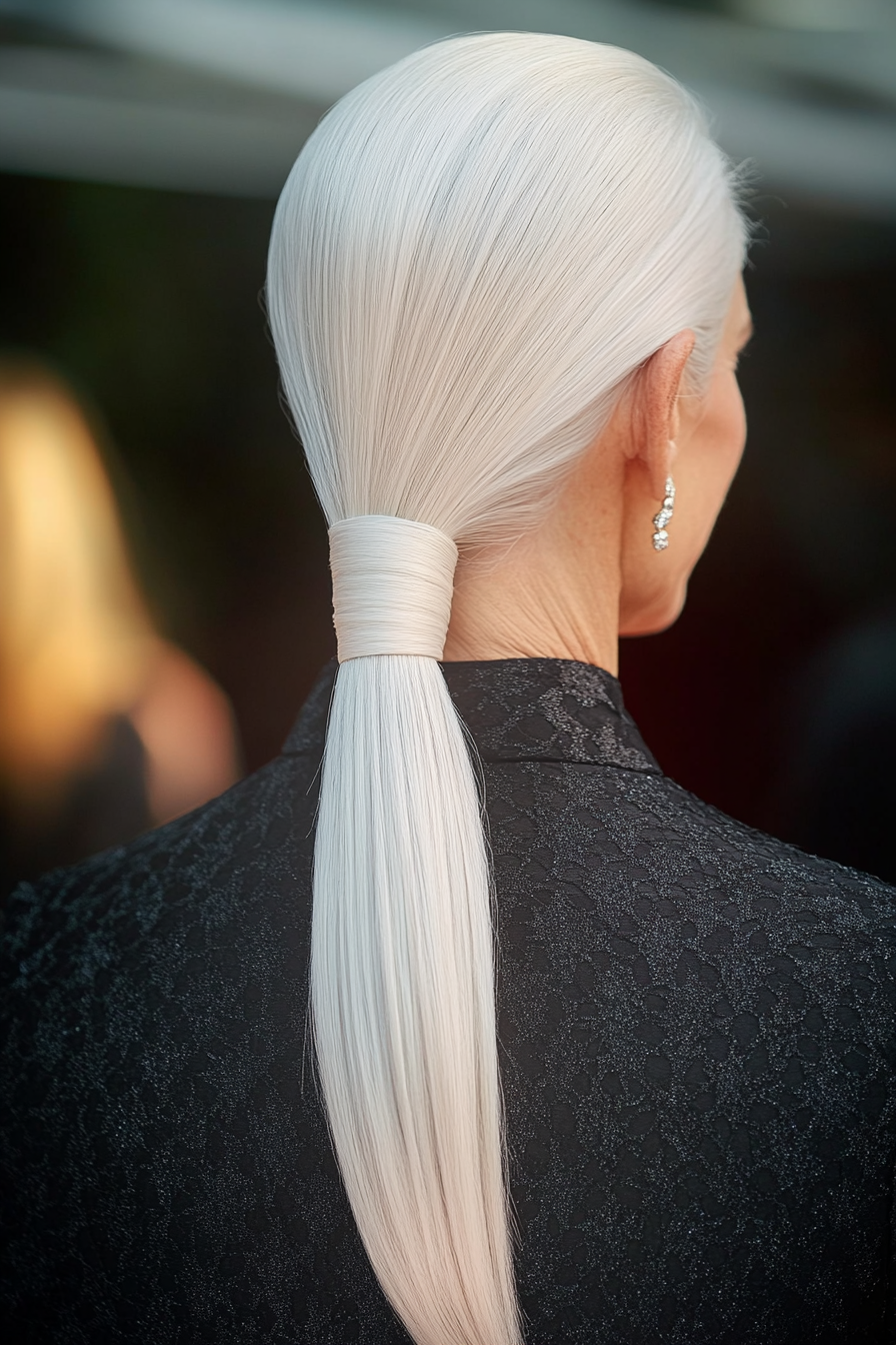 19. Snowy White Sleek Ponytail (Hochzeitsfrisuren für ältere Frauen) - Hochzeitsfrisuren für ältere Frauen