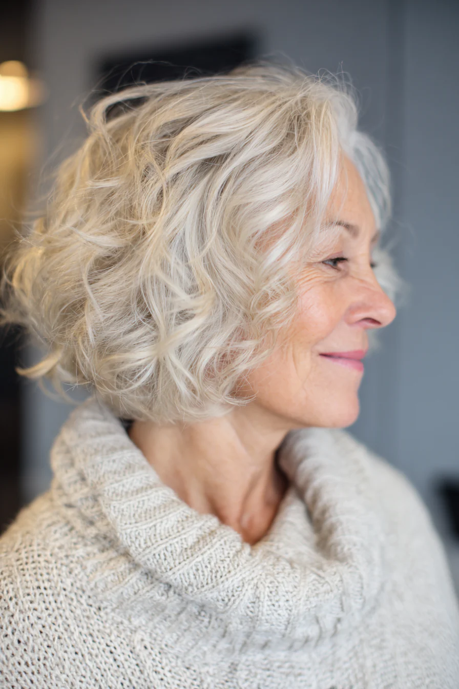 19. Weicher, gelockter Bob in Beige-Platin (Haarschnitte für Frauen über 60 mit schütterem Haar) – Haarschnitte für Frauen über 60 mit schütterem Haar