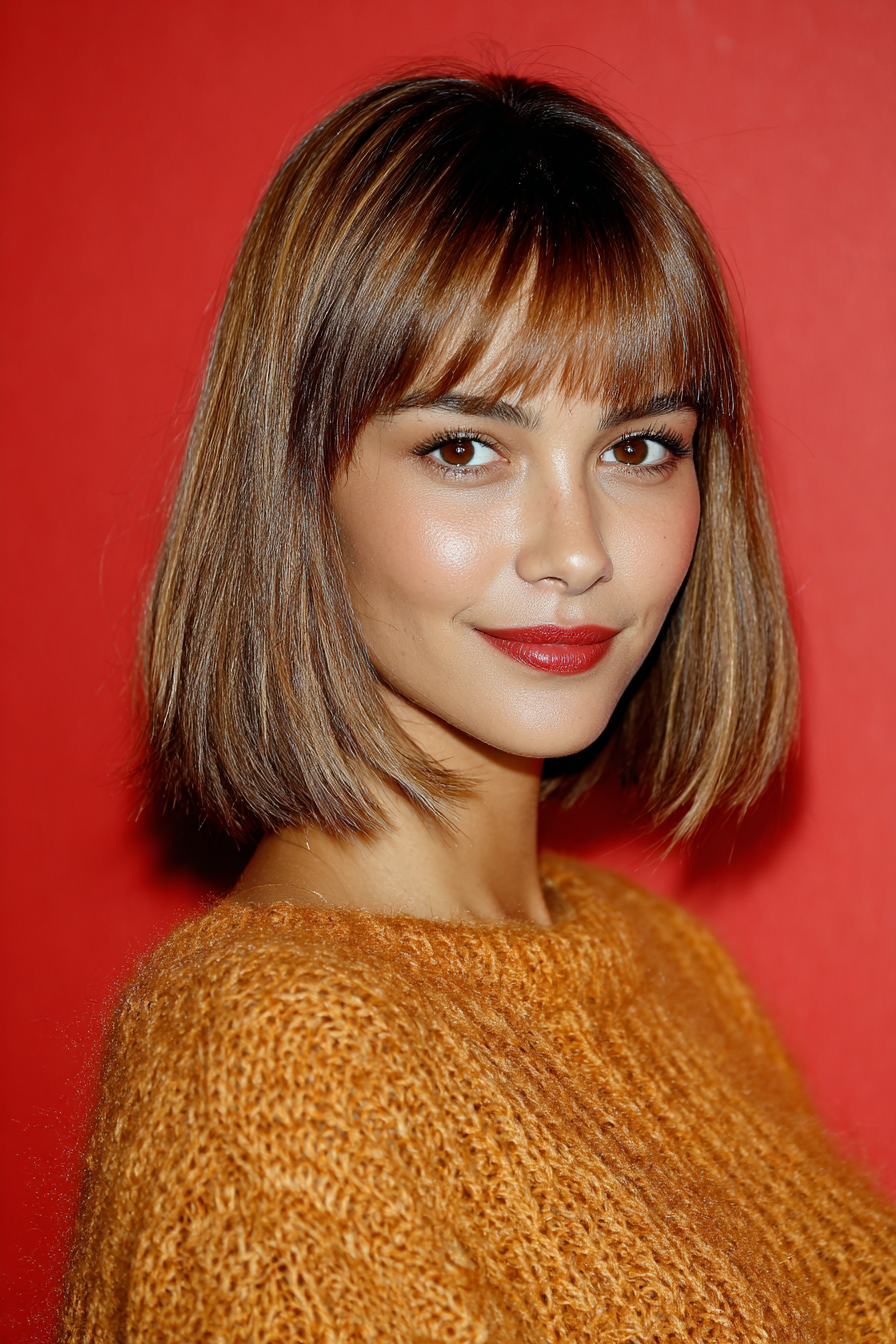 19. Straight Lob mit goldenen Karamell -Pony (lange Bob -Frisuren mit Pony) - lange Bob -Frisuren mit Pony