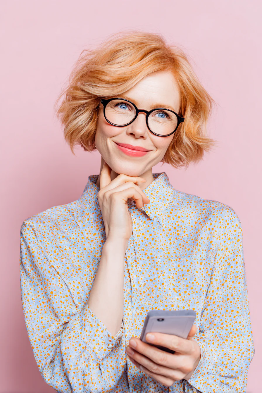 19. Erdbeerblonder Kinn-Bob mit umgedrehten Enden (Frisuren für ältere Frauen mit Brille) – Frisuren für ältere Frauen mit Brille