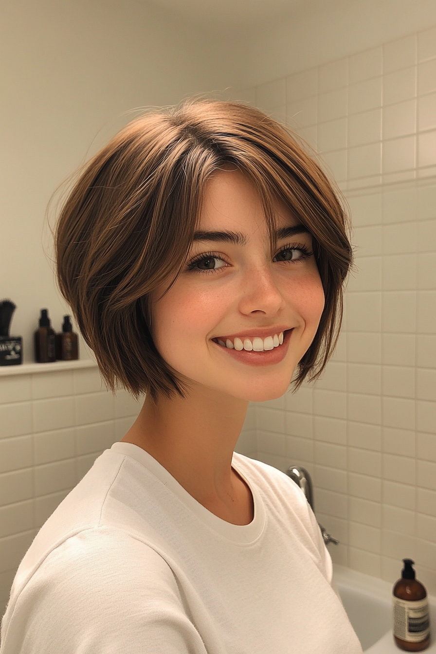 19. Strukturierte Abkürzung mit Walnussbraun -Tiefe (kurze Haarschnitte mit Vorhangstücken) - kurze Haarschnitte mit Vorhangstücken