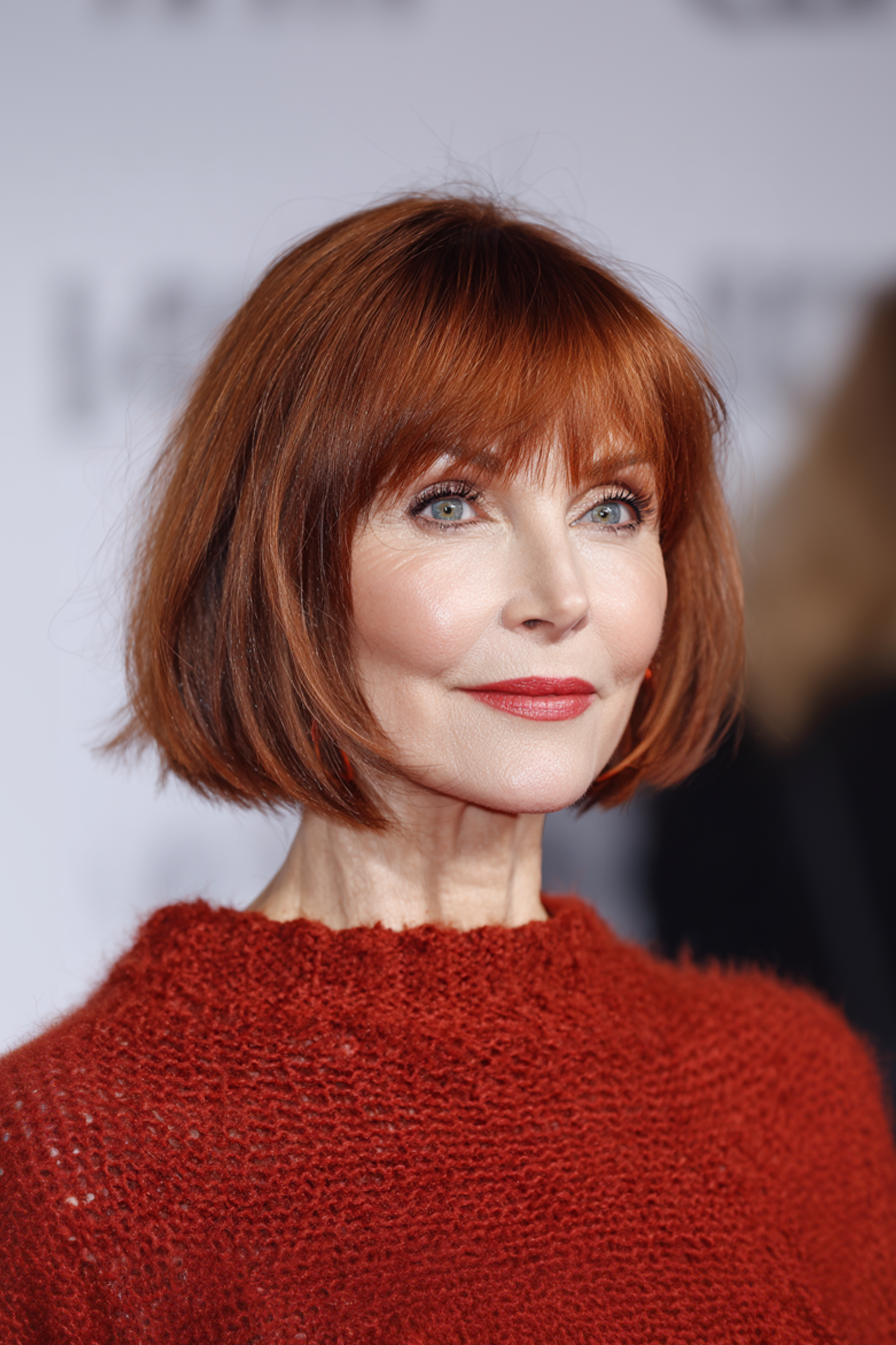 19. Stropte Pony und Auburn Bob (mittlere Bob -Haarschnitte für ältere Frauen) - mittelgroße Bob -Haarschnitte für ältere Frauen