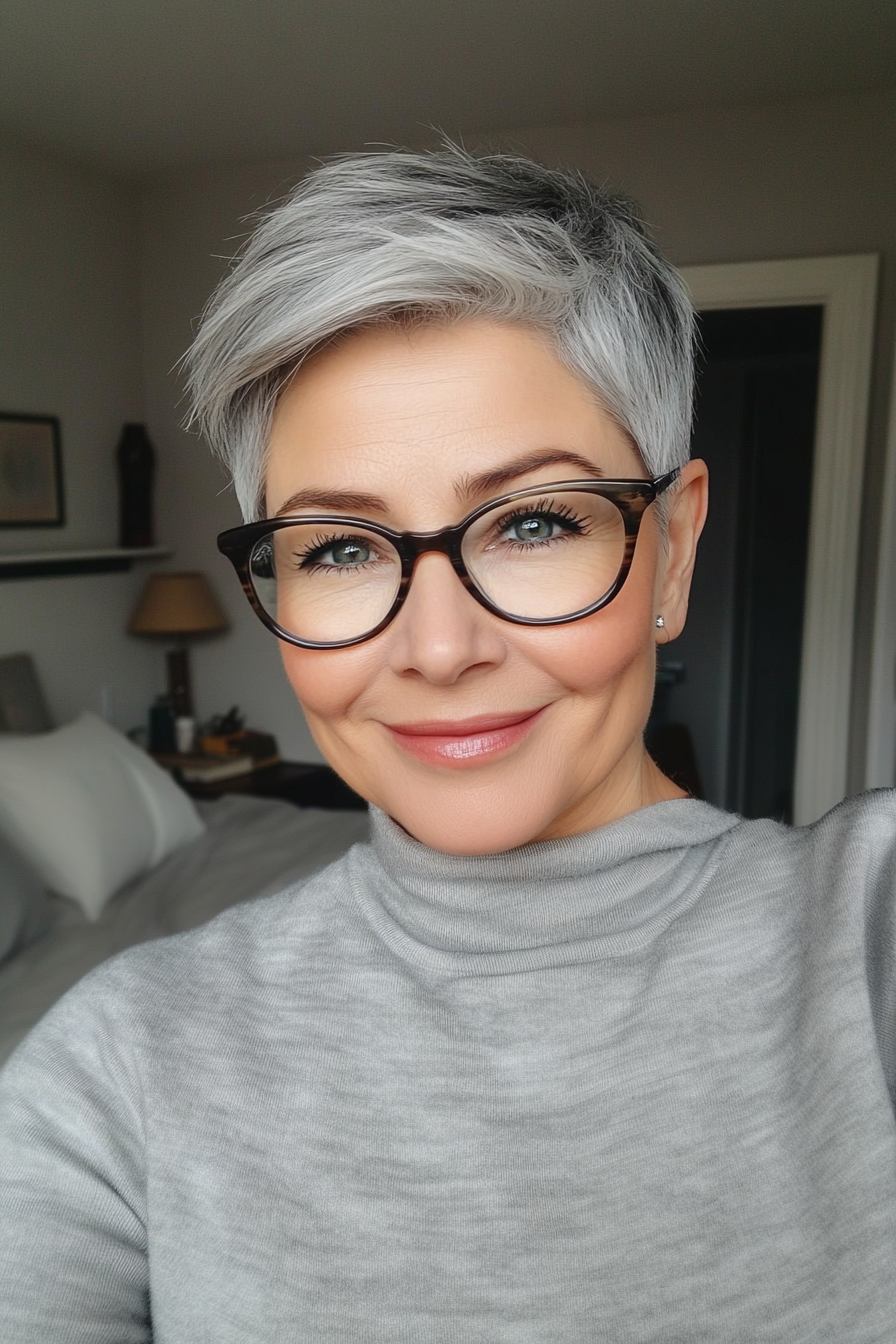 19. sich verjüngte natürliche graue Pixie (Pixie -Haarschnitte für Frauen über 50 mit Brille) - Pixie -Haarschnitte für Frauen über 50 mit Brille