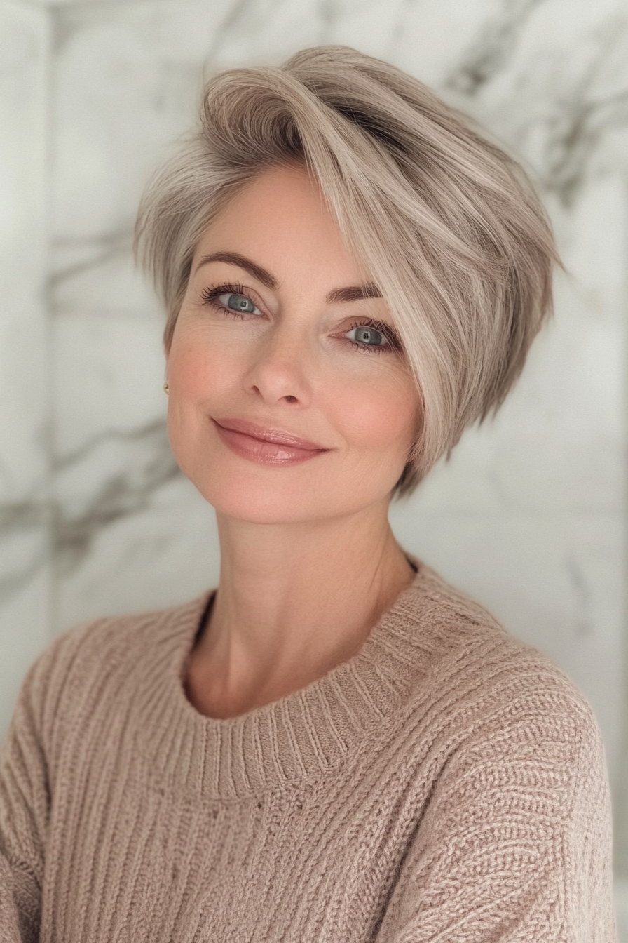 19. Warm Beige Pixie Bob Blend (lange Pixie -Haarschnitte für ältere Frauen) - Lange Pixie -Haarschnitte für ältere Frauen