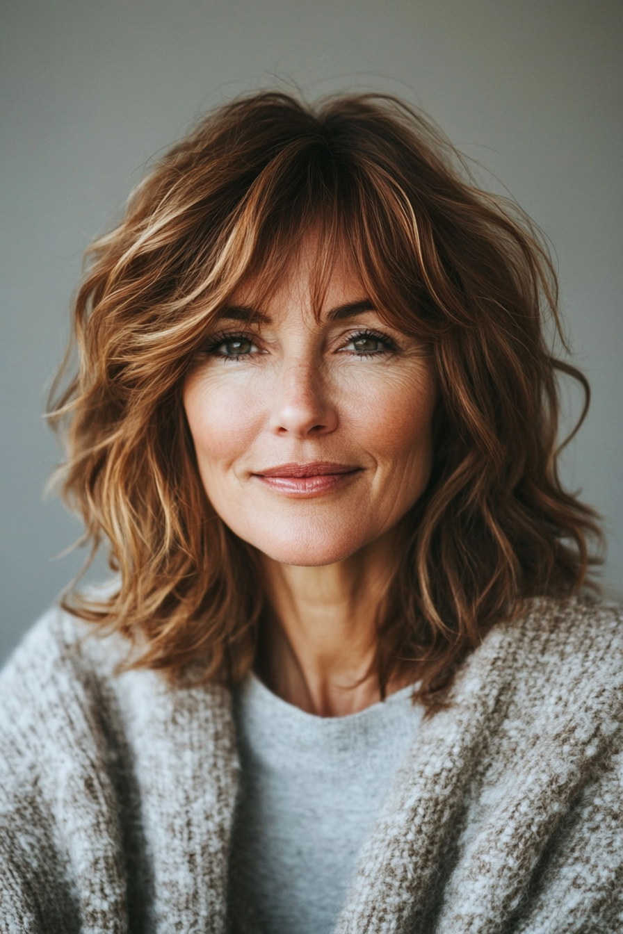 19. Warm brauner, zermürbter Lob Shag (zottelige Hakenfrisuren für Frauen über 50) - Shaggy -Layered Frisuren für Frauen über 50