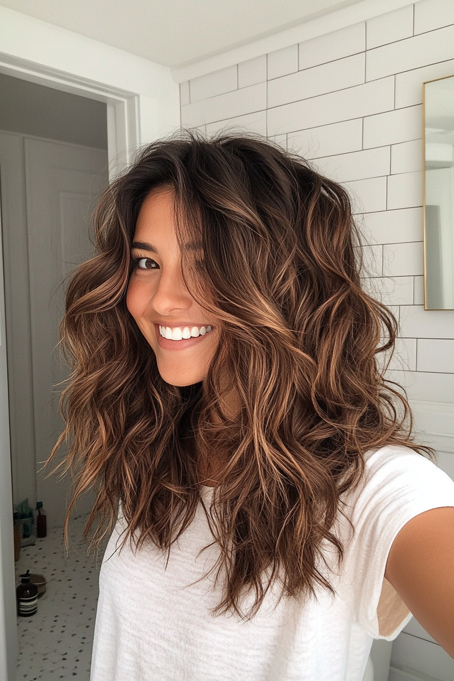 19. Wellenschichten mit tiefen braunen Wurzeln (Boho -Haarschnitte) - Boho -Haarschnitte