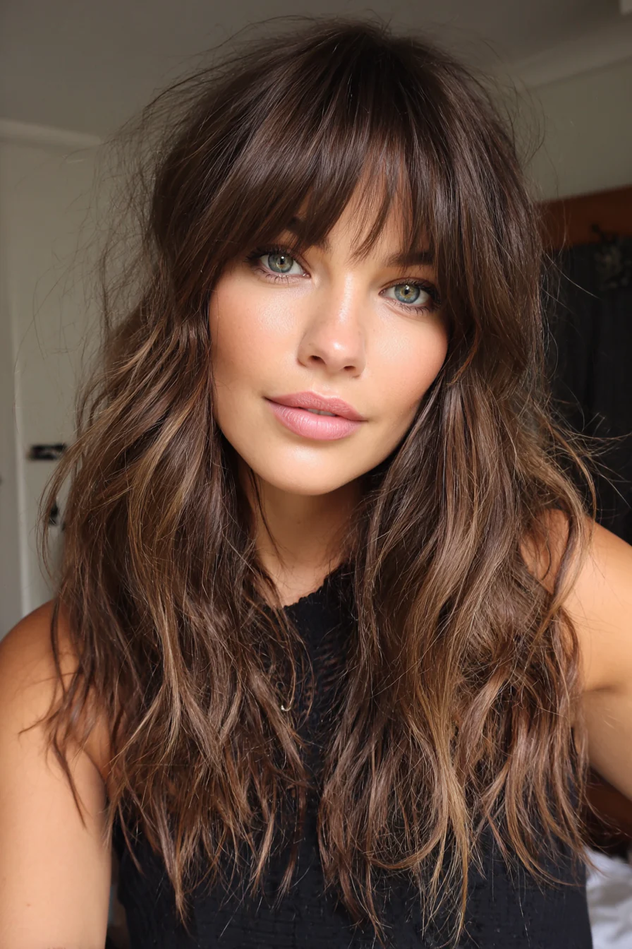 19. Welliger Lob mit augenumspielendem Pony in sanftem Braun (Mittellange Frisuren mit Pony) – Mittellange Frisuren mit Pony