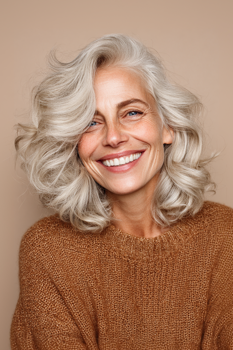 19. Weiße Schokoladenwirbel Midi (Frisuren für ältere Frauen mit welligem Haar) - Frisuren für ältere Frauen mit welligem Haar