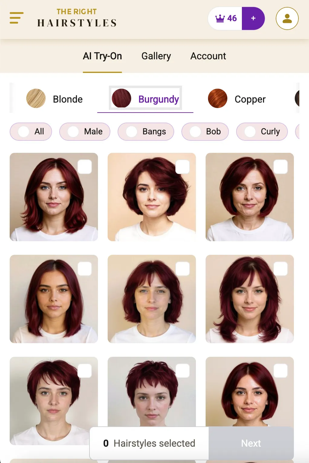 Realistische Burgunder-Haarfilterschnittstelle, die Ihnen hilft, den tiefroten Weinton zu visualisieren