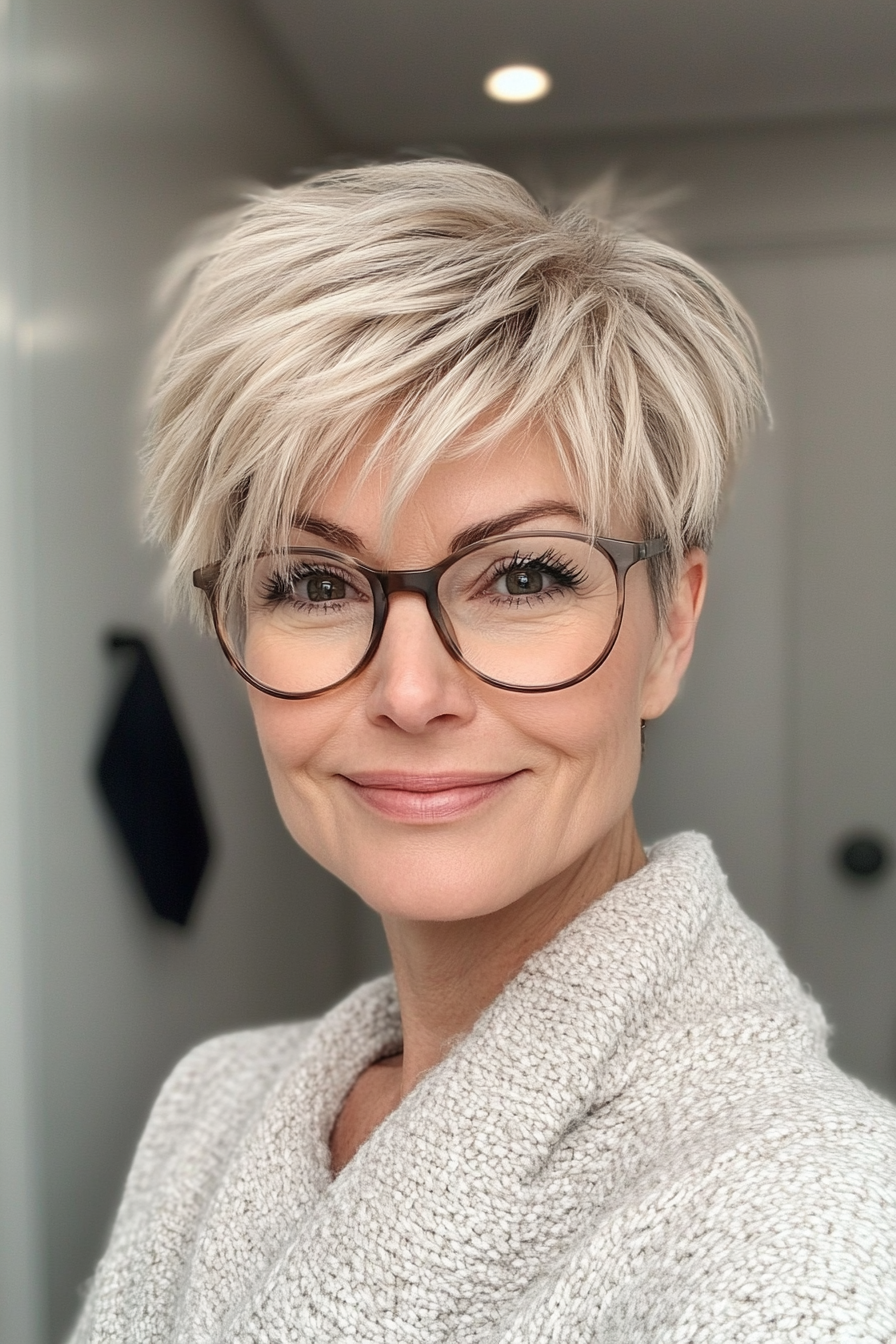 2. Aschblond strukturierter Pixie-Schnitt (Pixie-Haarschnitte für Frauen über 60 mit Brille) – Pixie-Haarschnitte für Frauen über 60 mit Brille