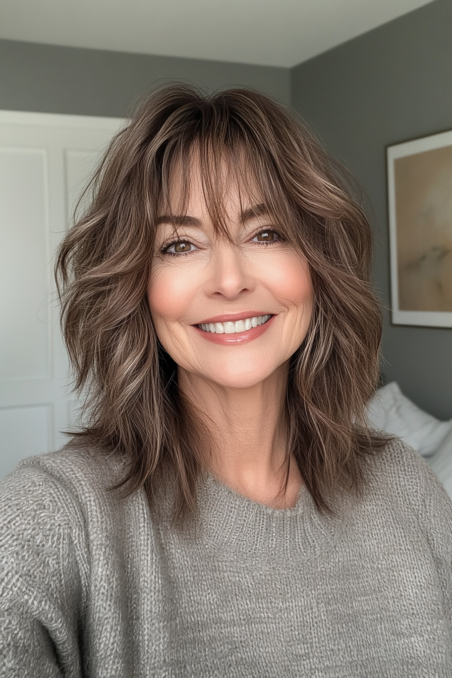 2. Asche brauner Shag mit abgehackten Pony (kantige Frisuren für Frauen über 60) - kantige Frisuren für Frauen über 60