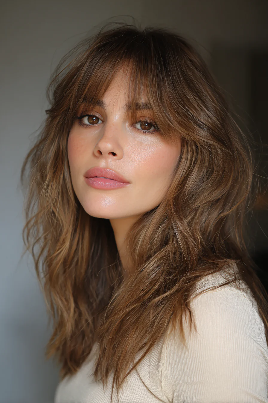 2. Aschbrauner Shag mit zarten Fransen (mittellange geschichtete Haarschnitte) – Mittellange geschichtete Haarschnitte