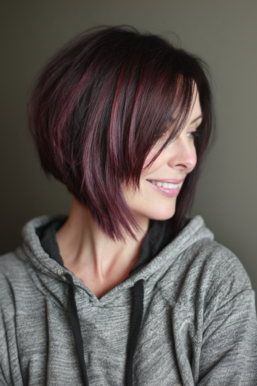 2. Asymmetrischer Bob mit Plum Shine (kantige Haarschnitte für Frauen über 50) - kantige Haarschnitte für Frauen über 50