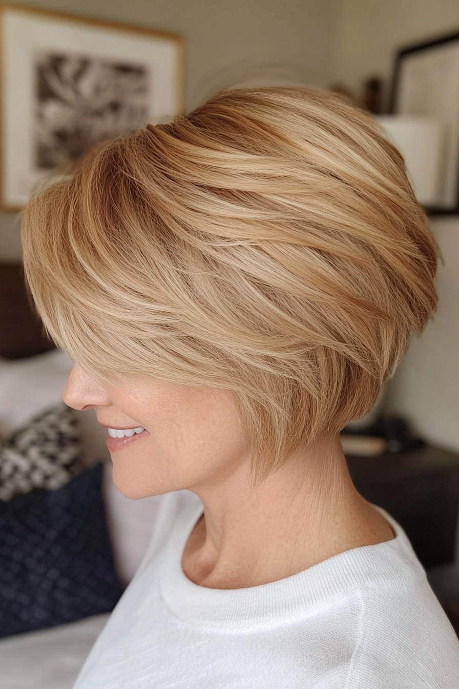 2. Karamellblonde gefiederte Ernte (geschichtete kurze Haarschnitte für Frauen über 40) - Schicht kurze Haarschnitte für Frauen über 40 überlagert
