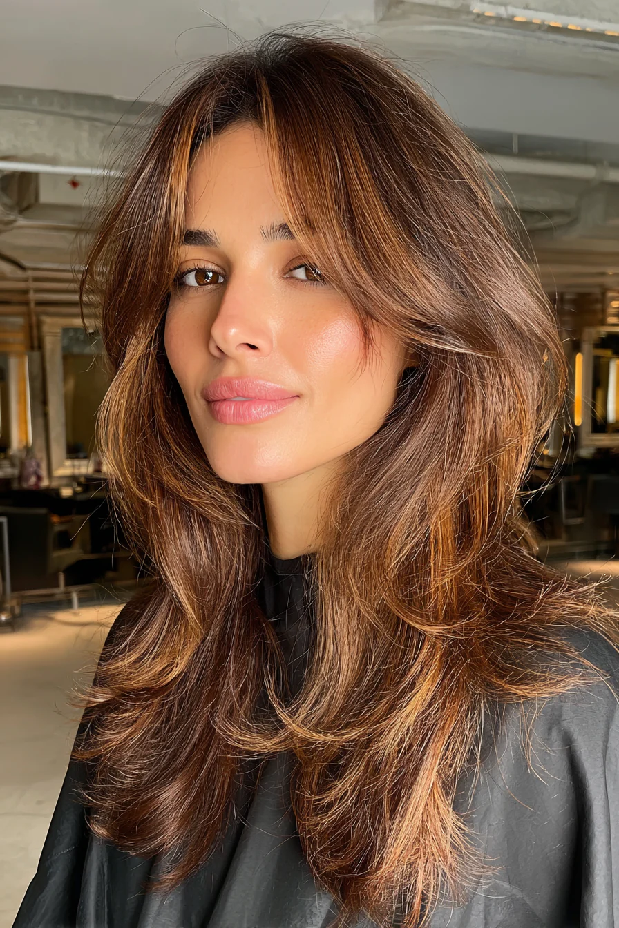 2. Karamellfarbener geschichteter Lob mit Highlights, die das Gesicht umrahmen (geschichtete Frisuren für dünnes Haar) – geschichtete Frisuren für dünnes Haar