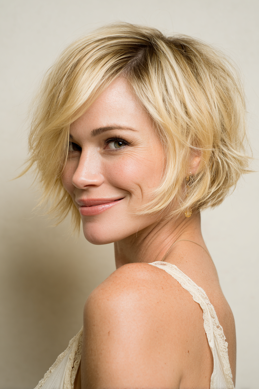 2. Champagnerblonder, gefiederter Bob (Kurzhaarfrisuren für Frauen über 40 mit feinem Haar) – Kurzhaarfrisuren für Frauen über 40 mit feinem Haar