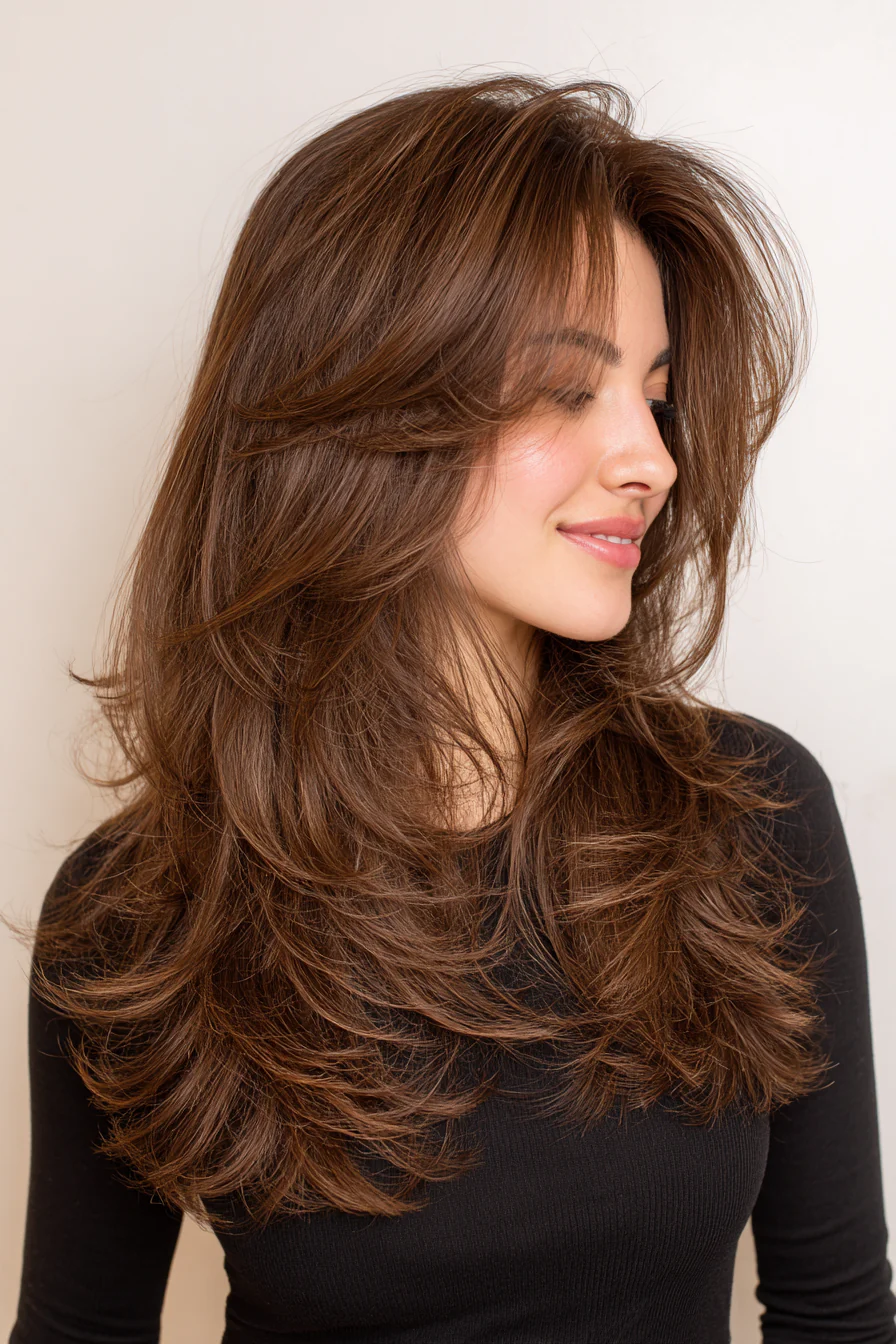 2. Kastanienbraune, zottelige Schichten (lange lockige Haarschnitte) – Lange lockige Haarschnitte