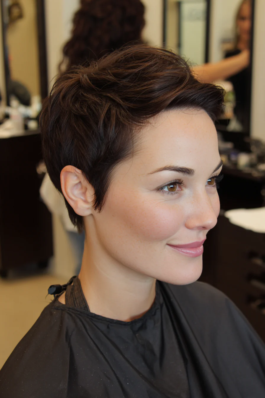 2. Schicker, sich verjüngender Pixie in Dunkelbraun (Pixie-Haarschnitte) – Pixie-Haarschnitte