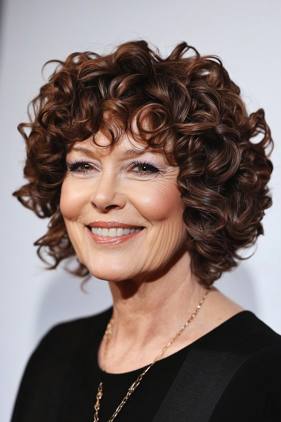 2. Schokoladenspirale mit gefiederten Pony (Haarschnitte für ältere Frauen mit lockigem Haar) - Haarschnitte für ältere Frauen mit lockigem Haar