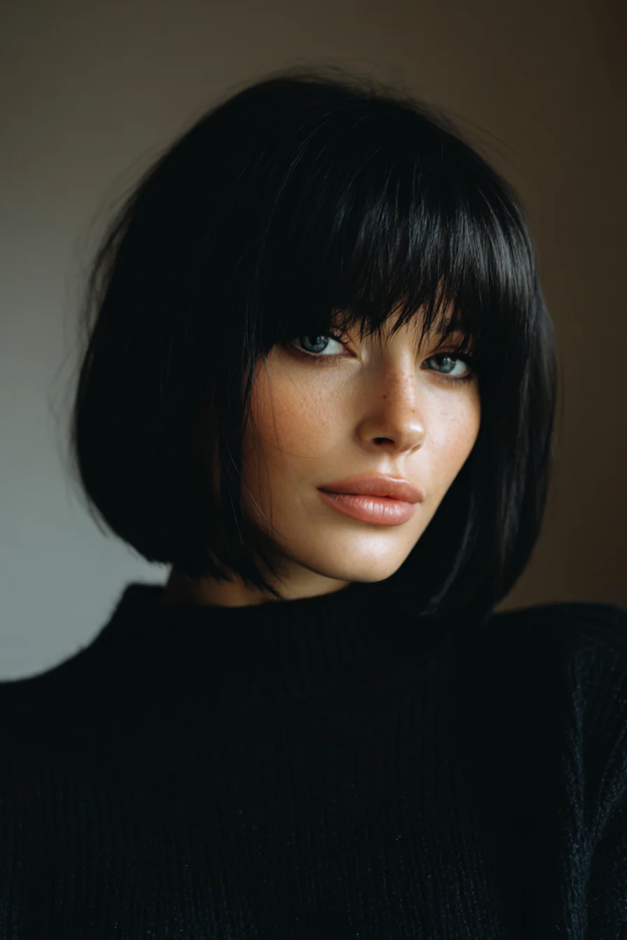 2. Klassischer stumpfer Bob mit tiefschwarzen Vollfransen (Bob-Frisuren mit Pony) – Bob-Frisuren mit Pony