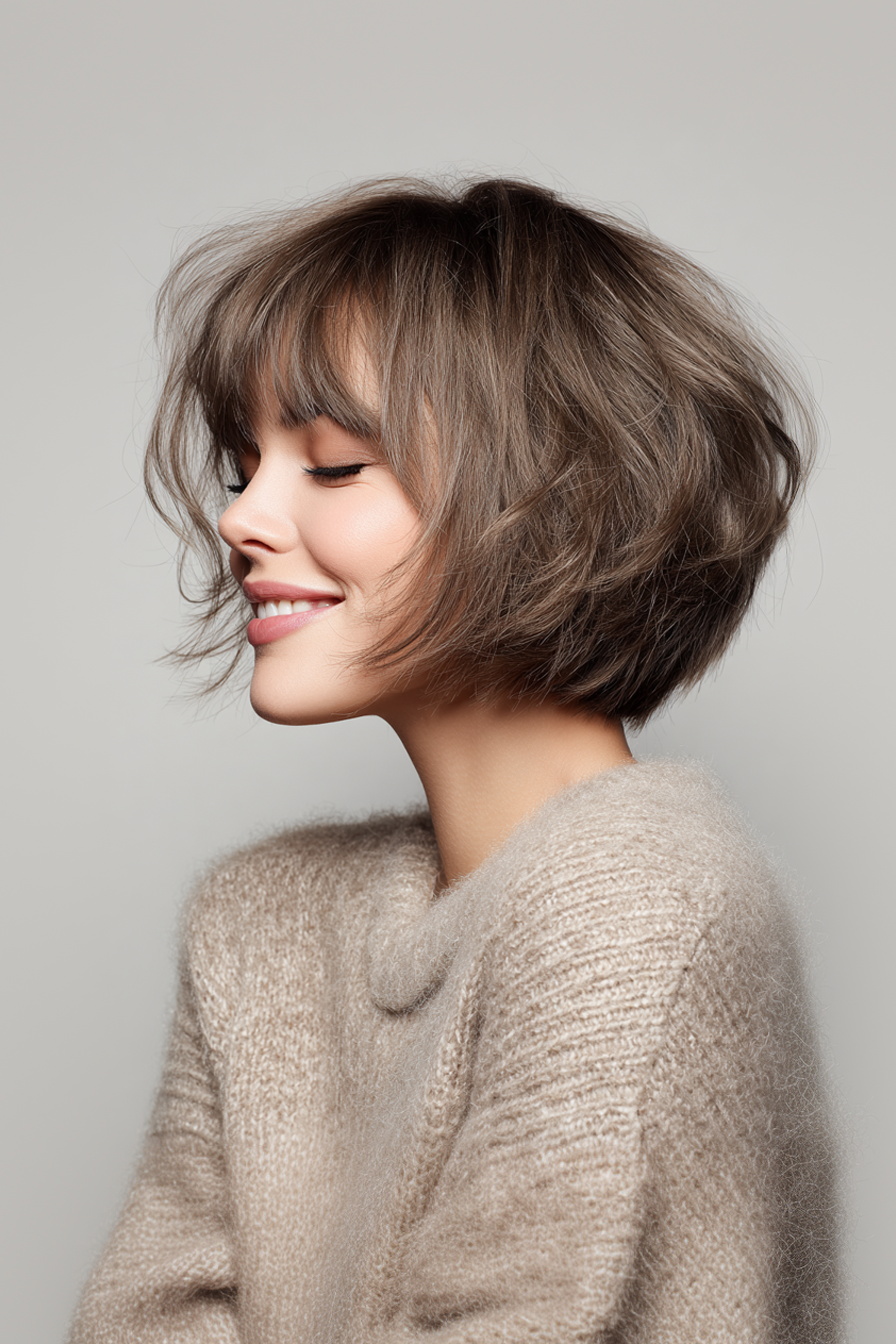 2. Classic Bob mit wispy Pony in Asche Brown (Haarschnitte für Frauen über 40 mit Pony) - Haarschnitte für Frauen über 40 mit Pony