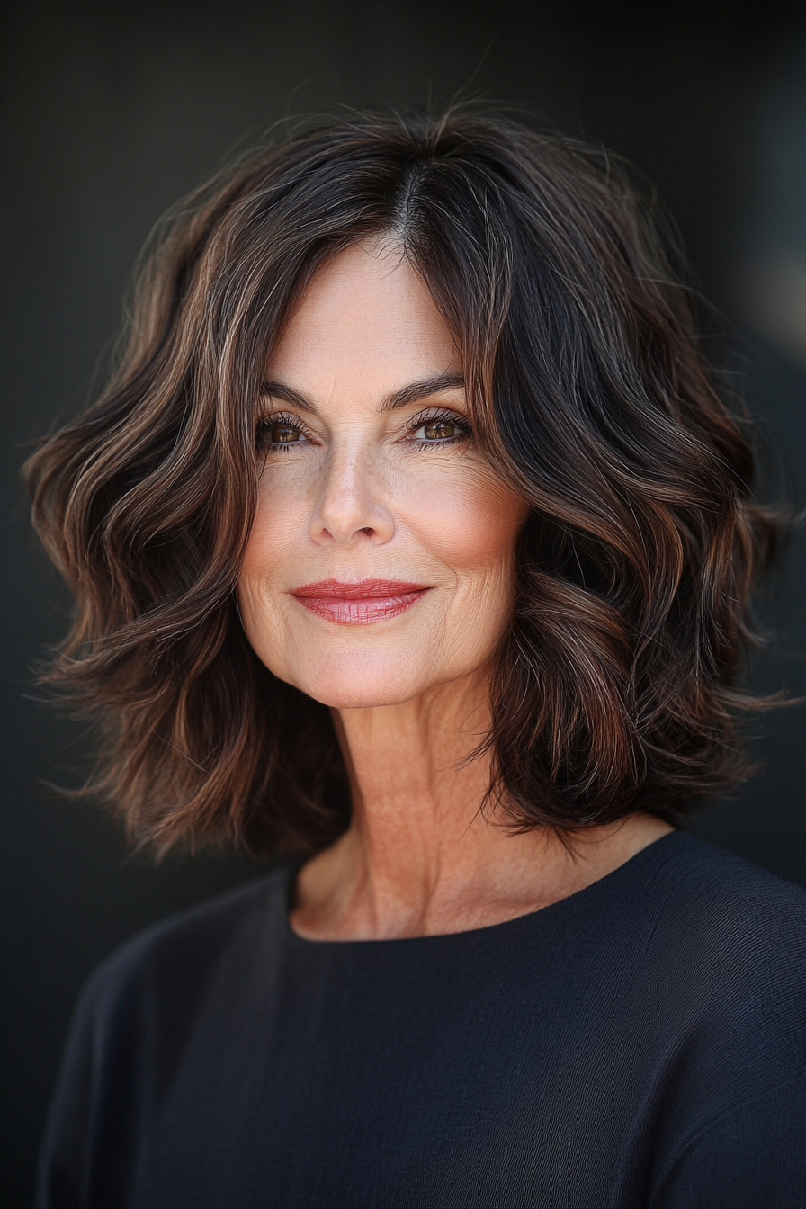 2. klassisches, welliges Lob in Dunkelbraun (Haarschnitte für Frauen über 60 mit welligen Haaren) - Haarschnitte für Frauen über 60 mit welligen Haaren