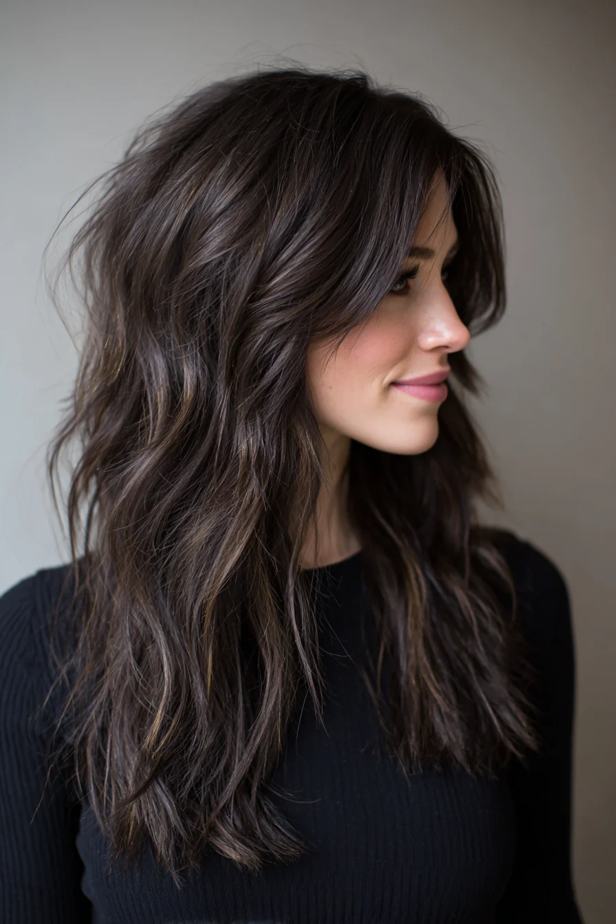 2. Espresso-zerzauste Schichten (lange gewellte Frisuren) – Lange gewellte Frisuren