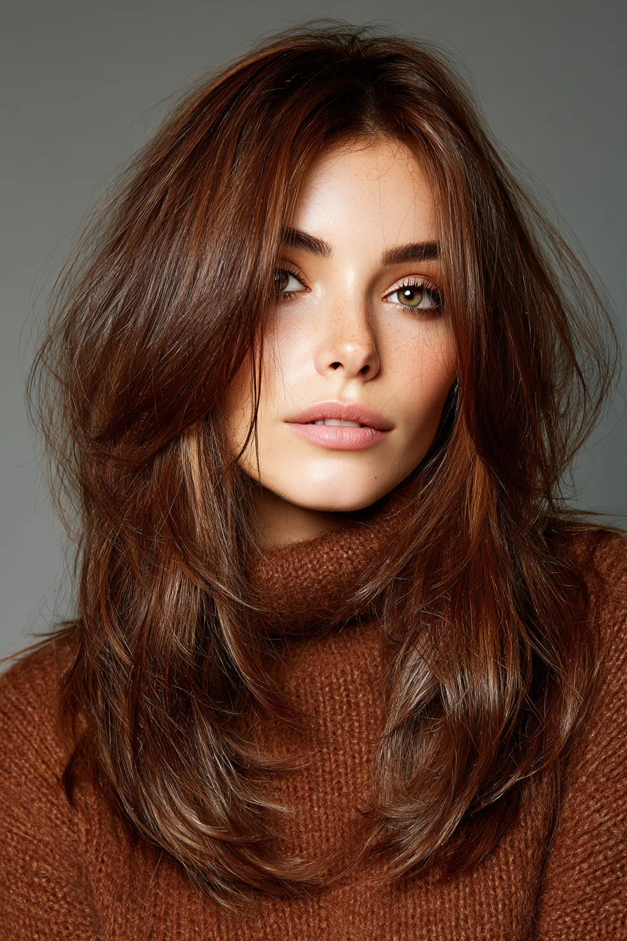 2. Gesichtsumrahmende Schichten mit kastanienbraunem Glanz (lange Stufenhaarschnitte für Damen) – Lange Stufenhaarschnitte für Damen