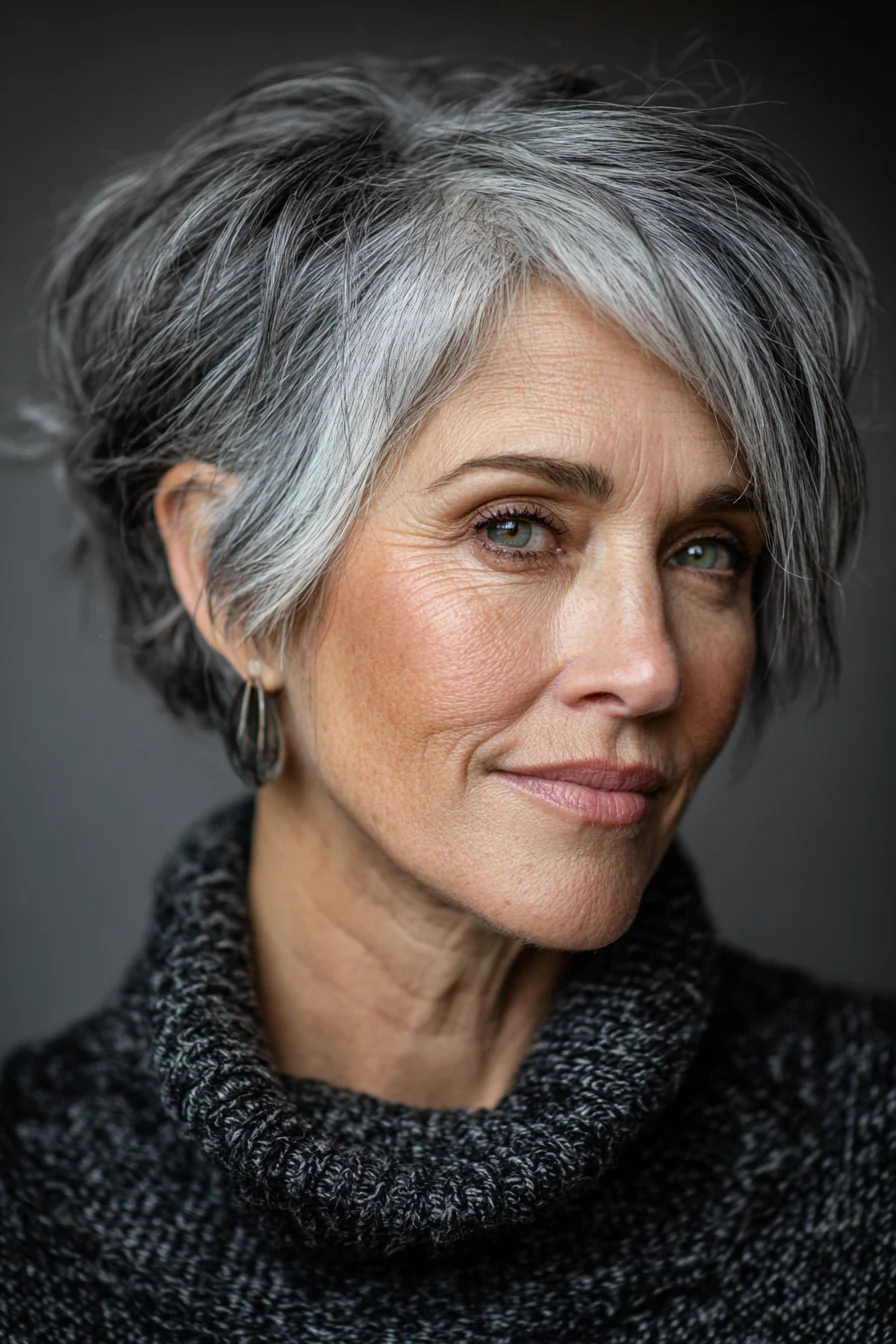 2. Graduierter Pixie-Bob – Salz-und-Pfeffer-Grau (kurze Frisuren für ältere Frauen mit dickem Haar) – Kurze Frisuren für ältere Frauen mit dickem Haar