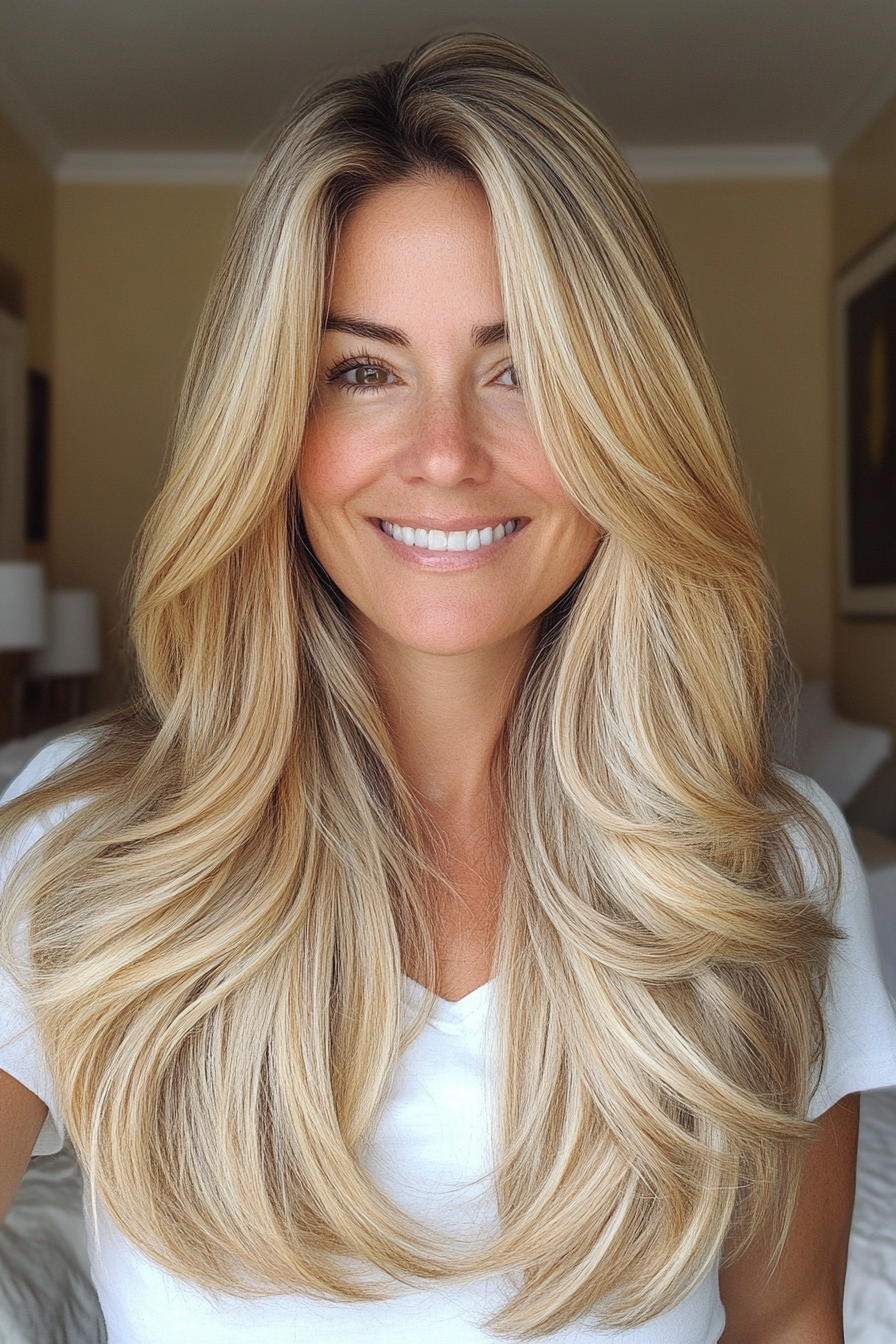 2. Honey Blonde gefiederte Schichten (Frisuren für Frauen über 40 mit langen Haaren) - Frisuren für Frauen über 40 mit langen Haaren