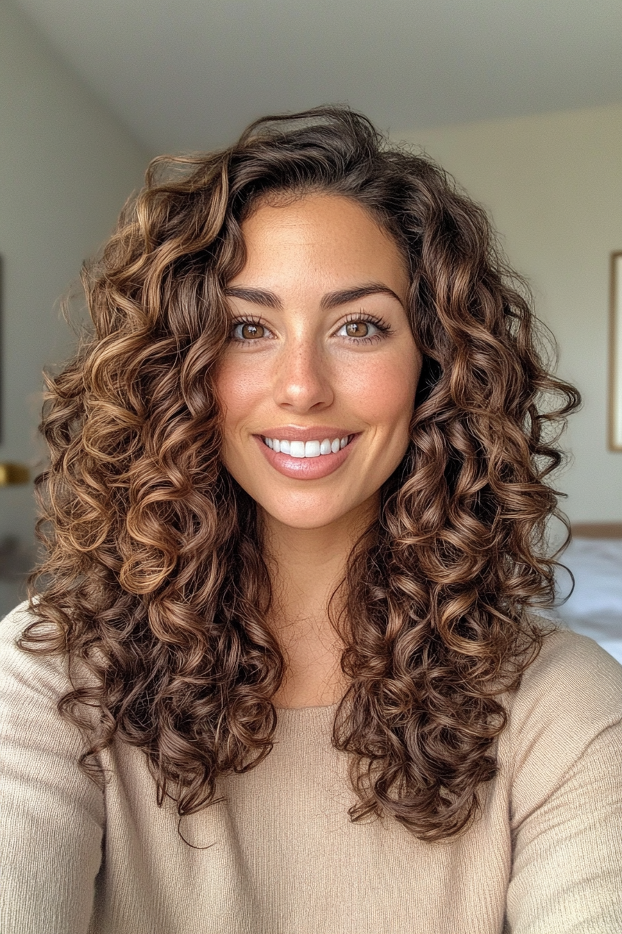 2. geschichtete aschbraune Spiralschnitt (lockige Frisuren für Frauen über 40) - lockige Frisuren für Frauen über 40